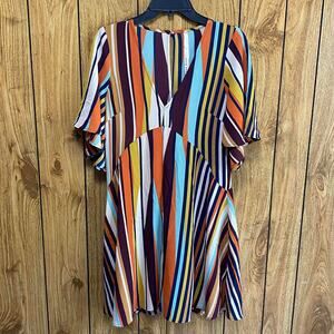Uncle Frank Dress Stripe V Neck Short Sleeve Fit Flare Multicolor Small